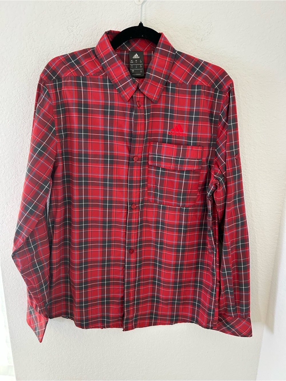 adidas Red and Black Plaid Long-Sleeve Button-Down Shirt  business casual  S